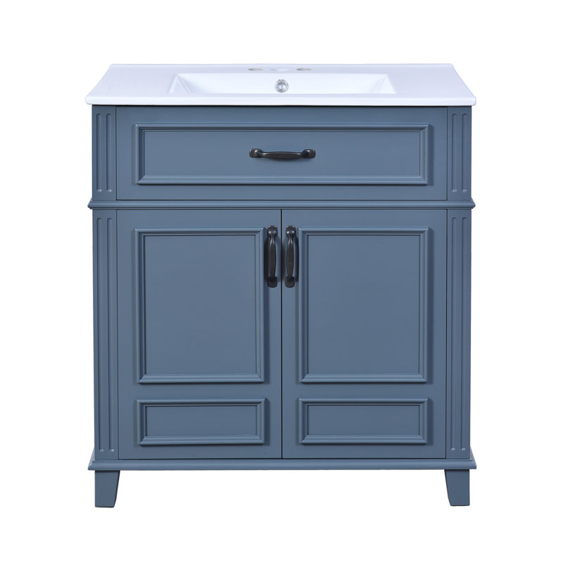 Meuble-lavabo de 30 po avec lavabo en céramique, armoire de rangement en bois massif avec portes à fermeture douce, style rétro, bleu