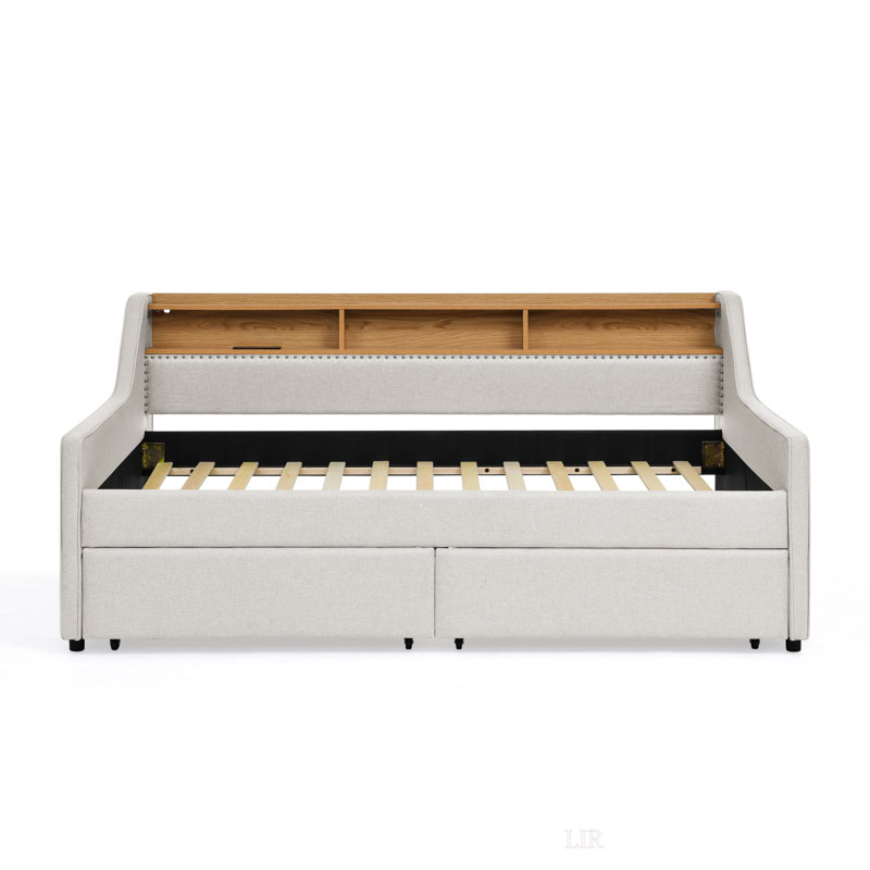 Twin Size Upholstery Sofa Bed With Three LED Lights, With Storage Adjustable Headboard, With Two Storage Pull Up Drawers And Wireless Charging
