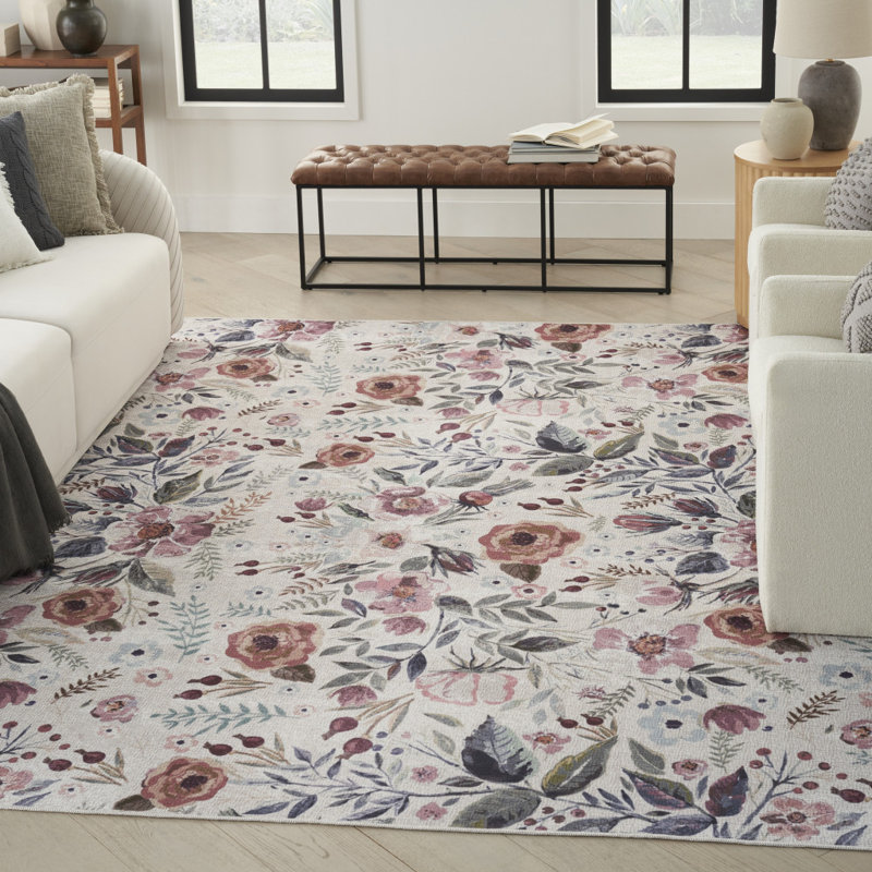 Tapis lavable antidérapant à motif floral tissé à la machine ivoire et vert 6 pi x 9 pi