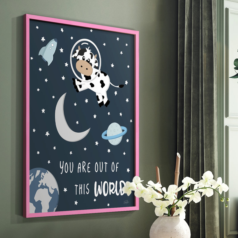 «Cow in Space II», reproduction encadrée - bois massif, Rose, H 10 po x l 8 po
