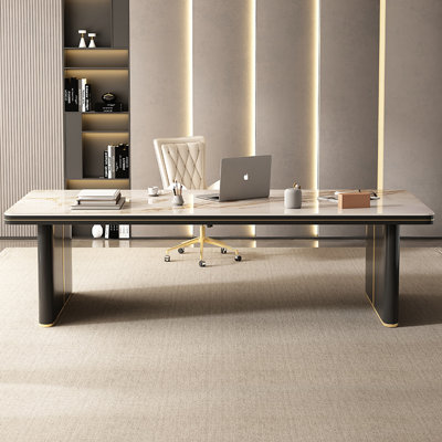 Blanc + pierre rectangulaire noire + bois manufacturé + bureau en acier inoxydable