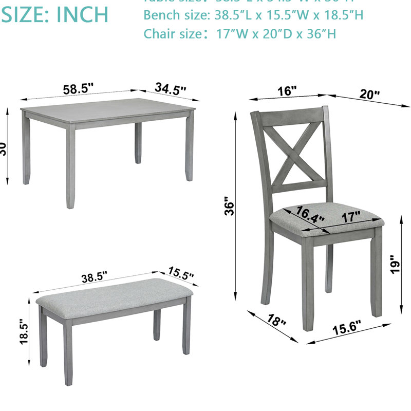 6 tables de salle à manger avec plateau rectangulaire, 4 chaises et un banc spacieux, une table et, Gris