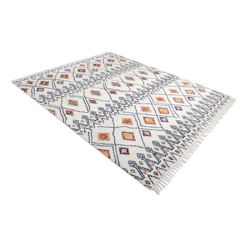 Radeema Hand Knotted Tencel Moroccan Area Rug in Ivory/Black/Orange, Rectangle 9' x 12'