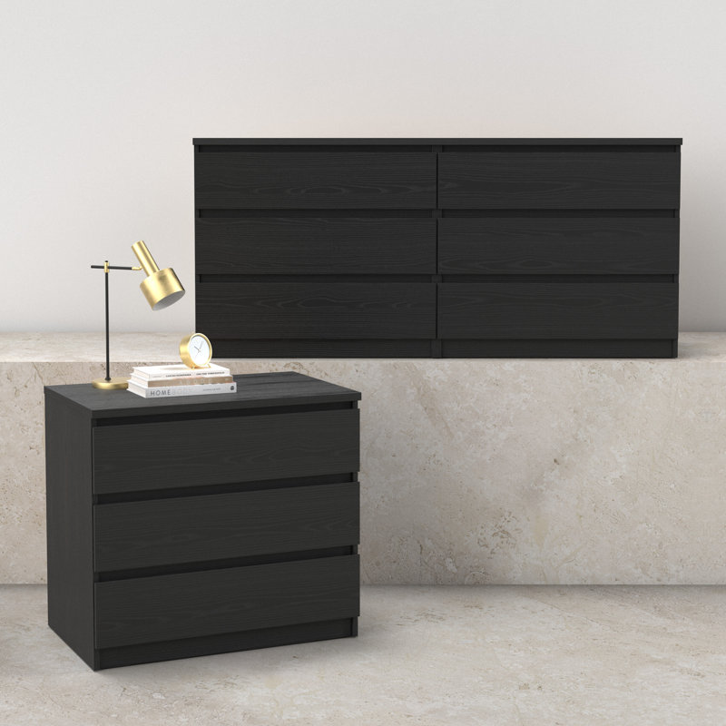 Ensemble de chambre à coucher 2 pièces Yarbrough - Commode double 6 tiroirs et commode, Black, 2 Pcs: Dresser, Chest