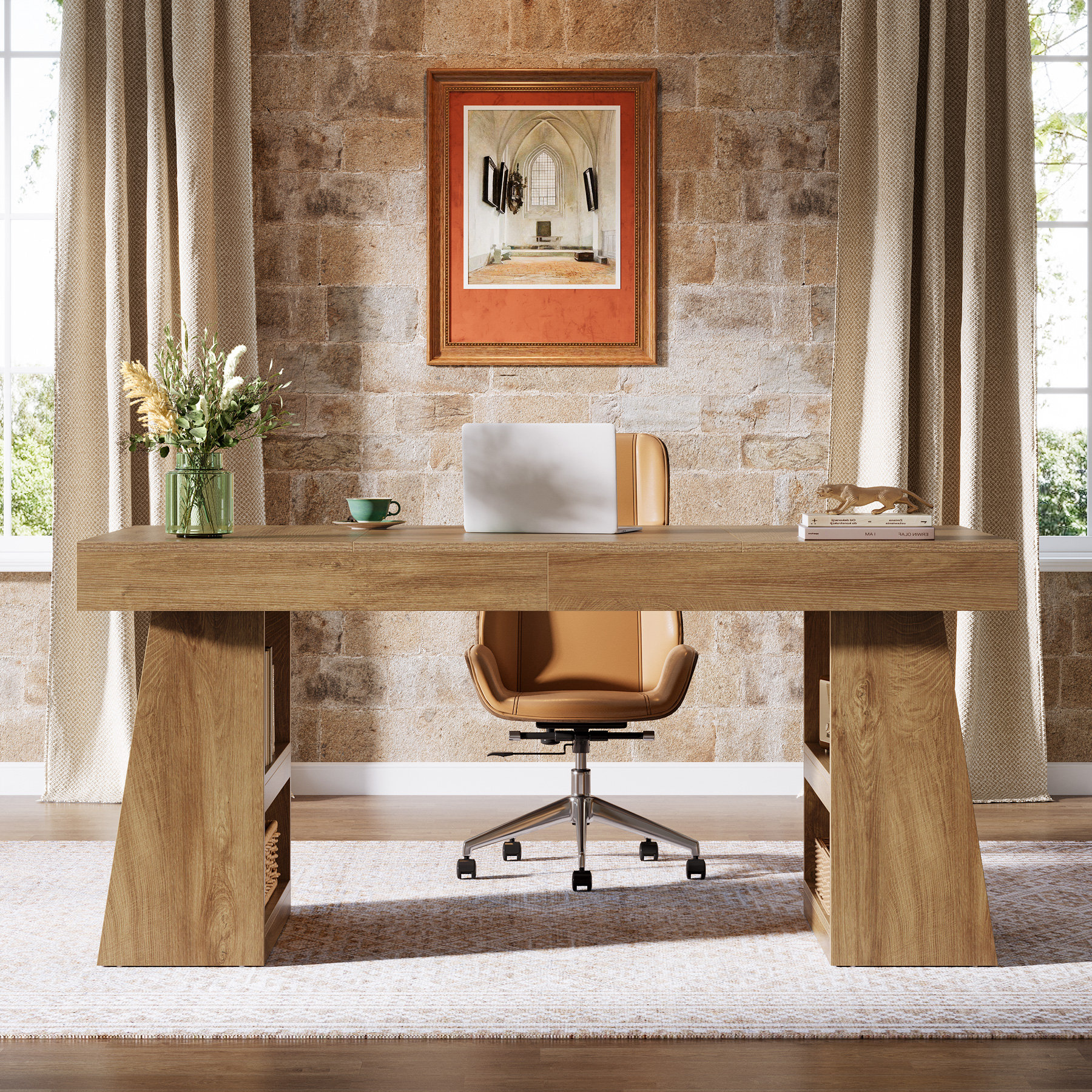 Inbox Zero 55" Executive Computer Desk With Storage Shelves & Drawer, Large Wooden Home Office Desk With Double Trapezoid Base & Reviews | Wayfair