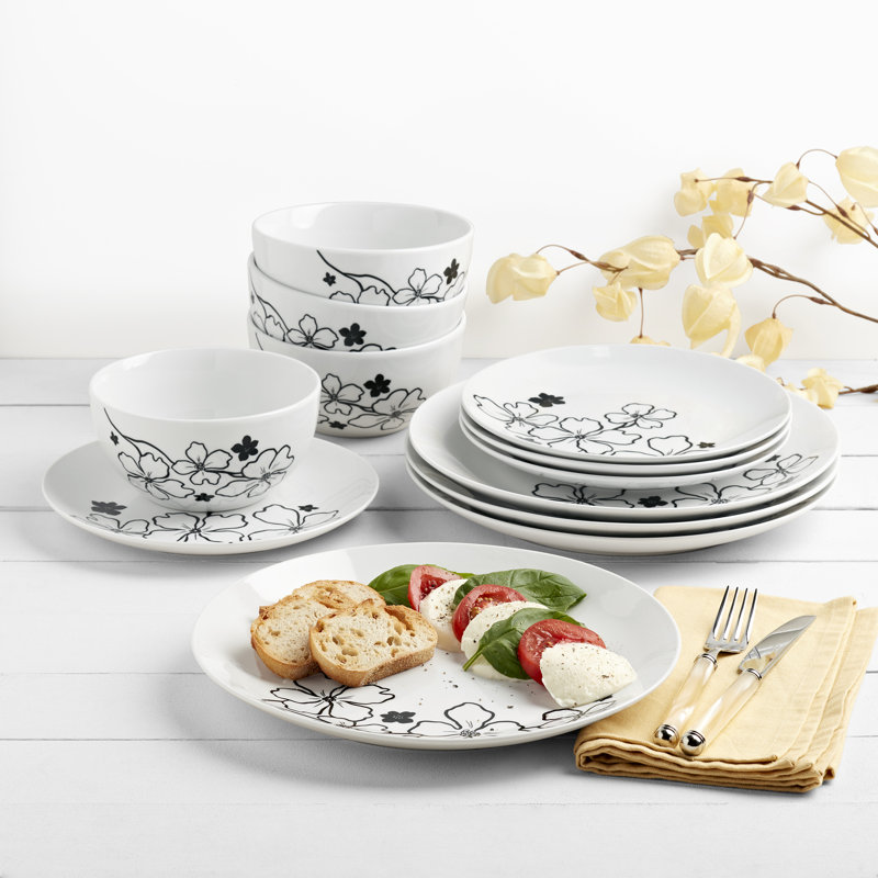 Margo White and Black Floral Porcelain 12-Piece Dinnerware Set