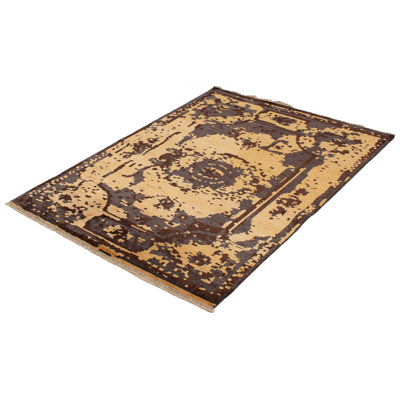Tapis unique en laine noué à la main style Oushak des années 2010 de 5 pi 6 po x 7 pi 7 po brun Gerlak