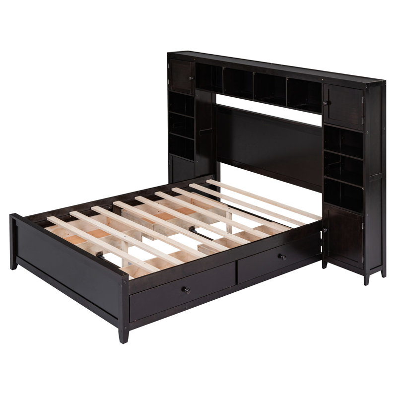 lit double en bois de couleur double avec armoire et tablette - et option chic attrayante, Espresso