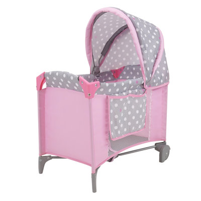 509 Crew: Cotton Candy Pink: Doll Play Yard - Pink, Grey, Polka Dot - For Dolls Up to 18", Foldable, Retractable Canopy, Kids Pretend Play, Ages 3+