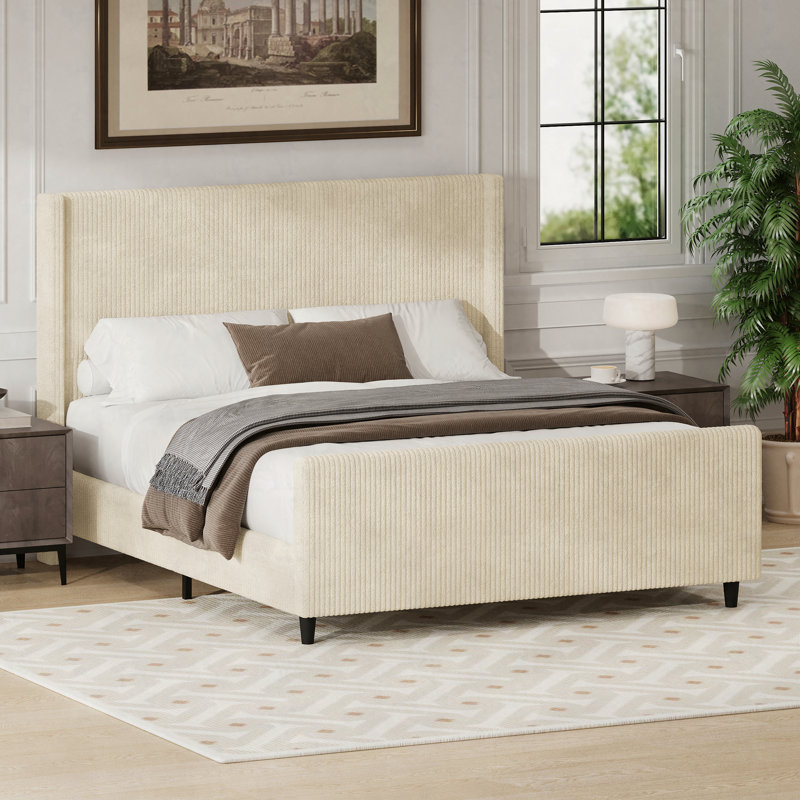 Headboard Corduroy Upholstered Bed Frame with Vertical Stripe Wingback and High Footboard No Box Spring Needed, Cream, King