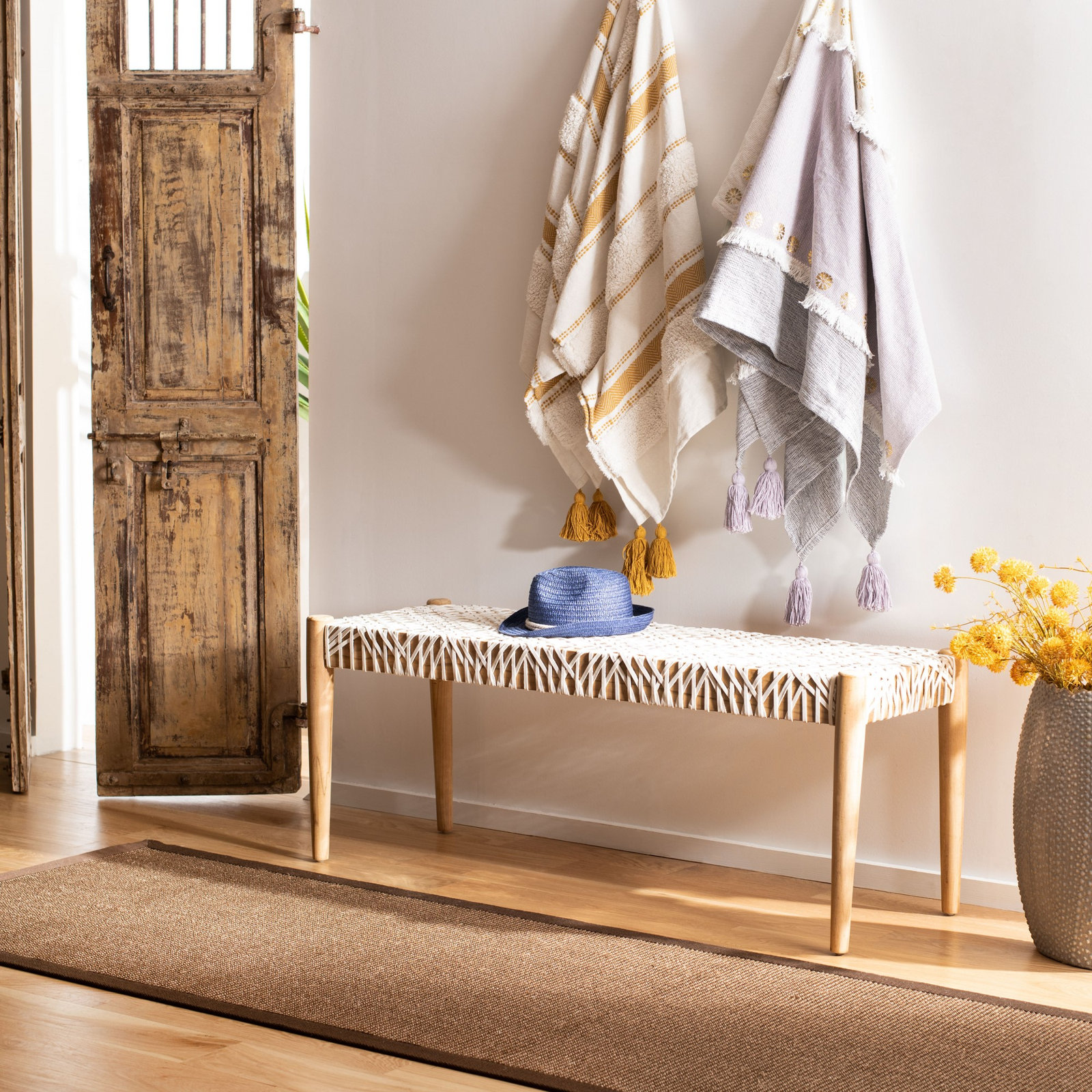 Kazbah 47" Genuine Leather Entryway Bench, Natural/Off White