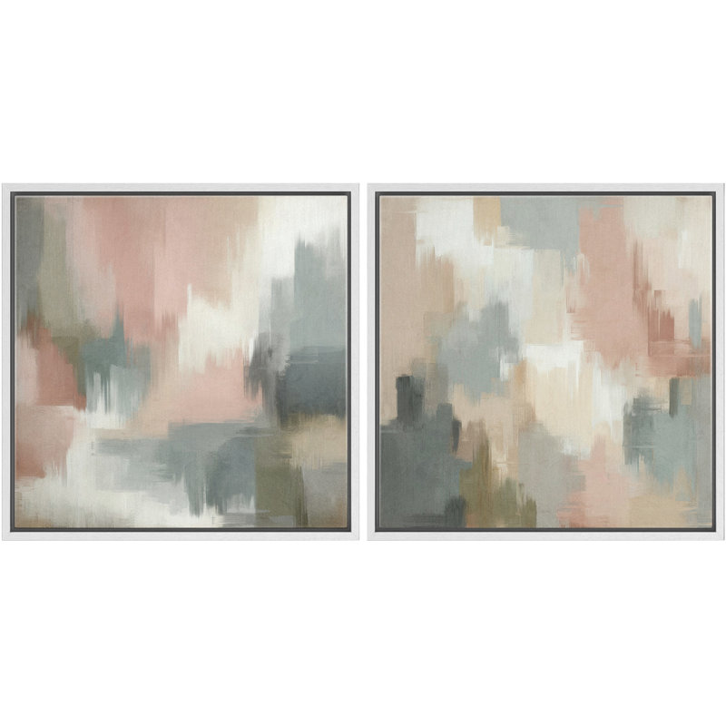 Art mural en toile douce pastel abstraite encadrée - ensemble moderne de 2 coups de pinceau pour chambre à coucher contemporaine