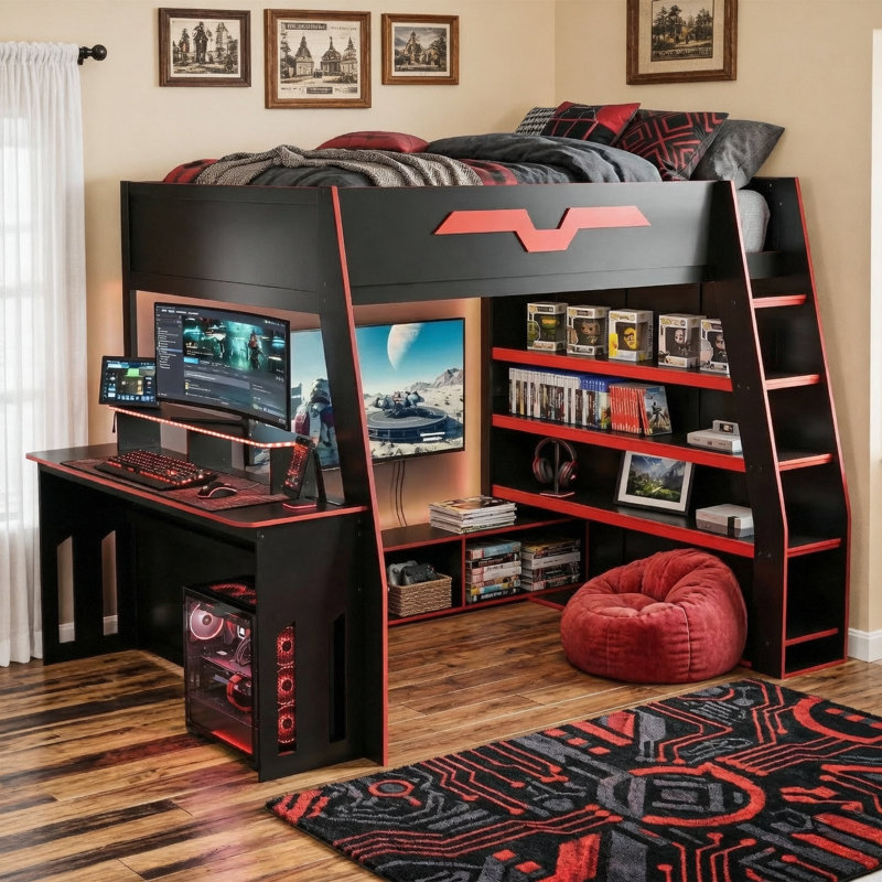 Lit mezzanine double en bois avec bureau, tablettes multiples et lumière RVB, table à placement réglable, rouge, Noir / Rouge