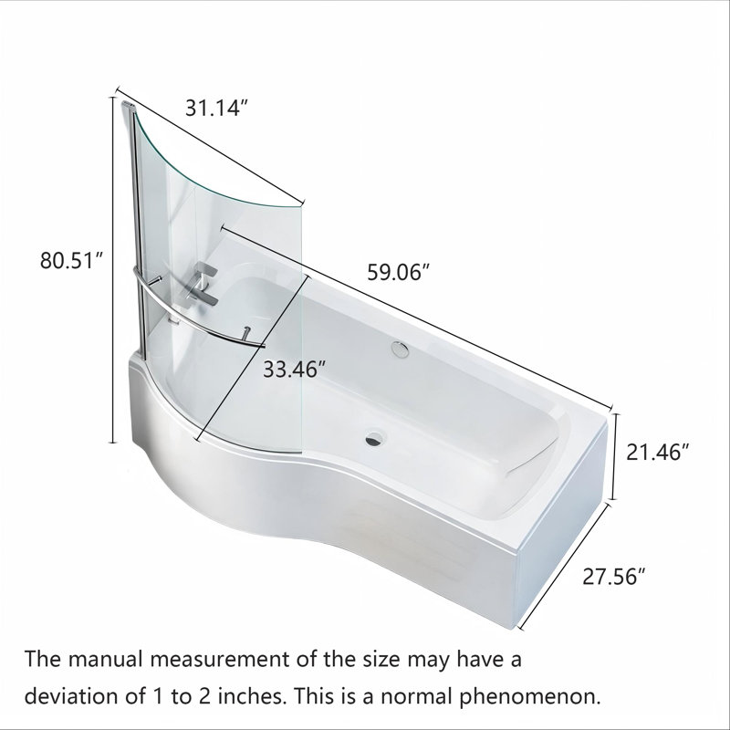 Baignoire en acrylique avec écran en verre courbé pour un usage domestique, H 21,46 po x l 59,06 po x P 33,46 po