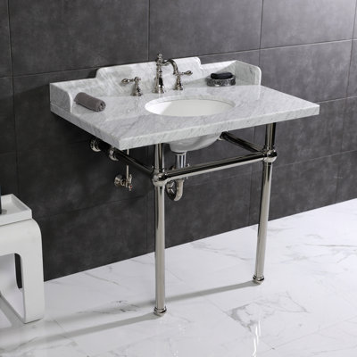 Kingston Brass Pemberton 36-Inch Carrara Marble Console Sink with Brass Legs (8-Inch, 3-Hole)