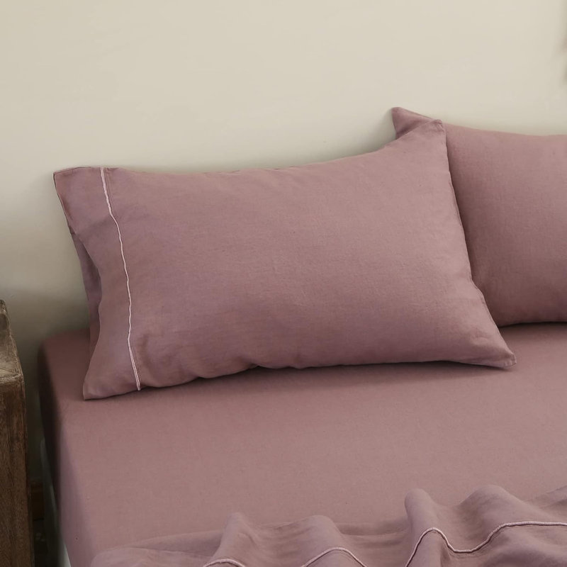 100% French Linen Pillowcase Set Of 2- Washed Solid Color Pillow Cases Embroidered, Purple, King Pillow Case