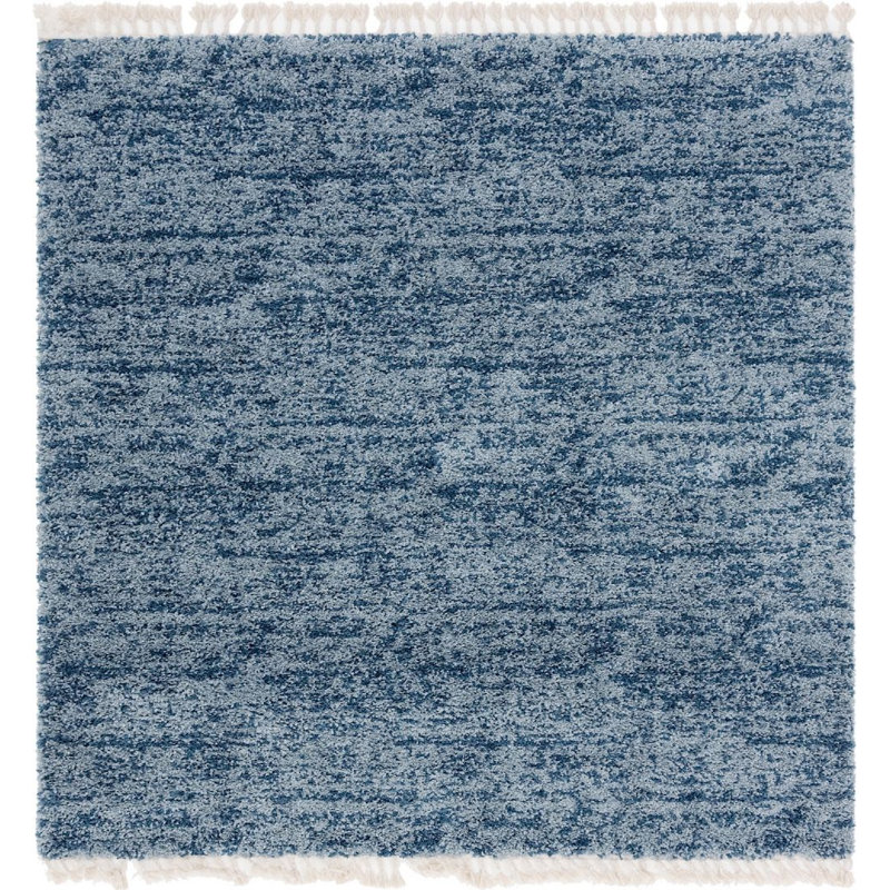 Tapis bleu à rayures Mitzy, Carré 8 pi
