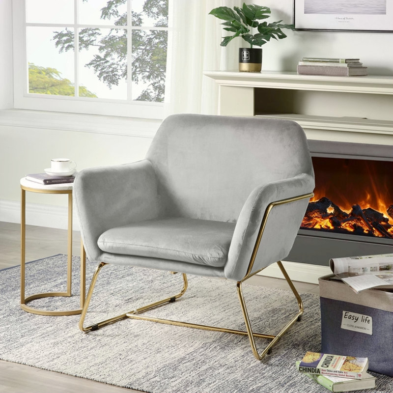 Fauteuil d'appoint l 29,5 po en velours gris avec base en métal, Gris