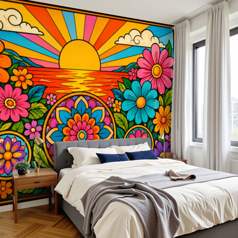 Papier peint adhésif auto-adhésif moderne pour la chambre à coucher L 69 po x l 96 po Peel and Stick - impression rétro hippie rétro