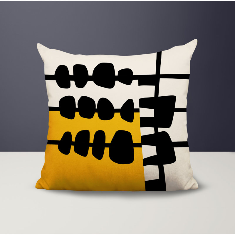 Oreiller carré réversible intérieur / extérieur Dola, H 15 po x l 15 po, Jaune / noir / blanc cassé abstrait