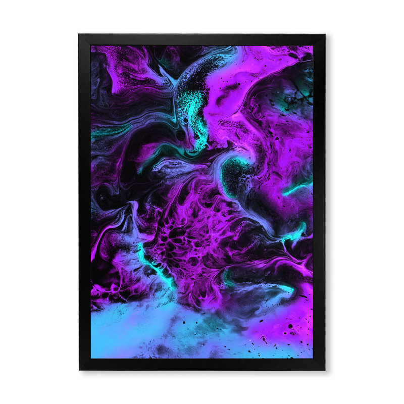 Neon rose, bleu et vert, paysage liquide - peinture sur toile, H 20 po x l 12 po, Cadre d'angle fermé noir