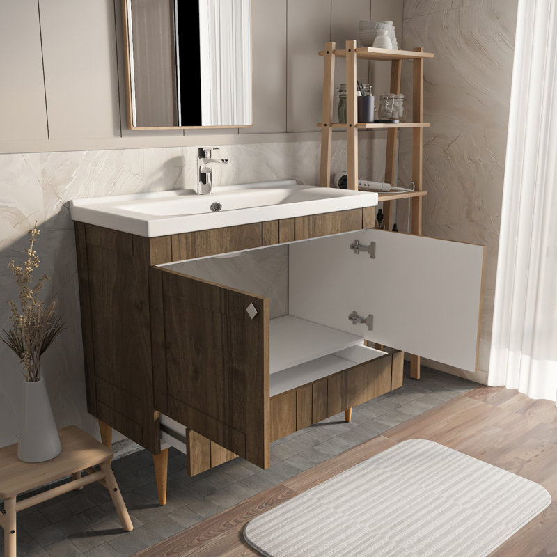 Meuble-lavabo avec lavabo en céramique Sara, Noyer, 39"