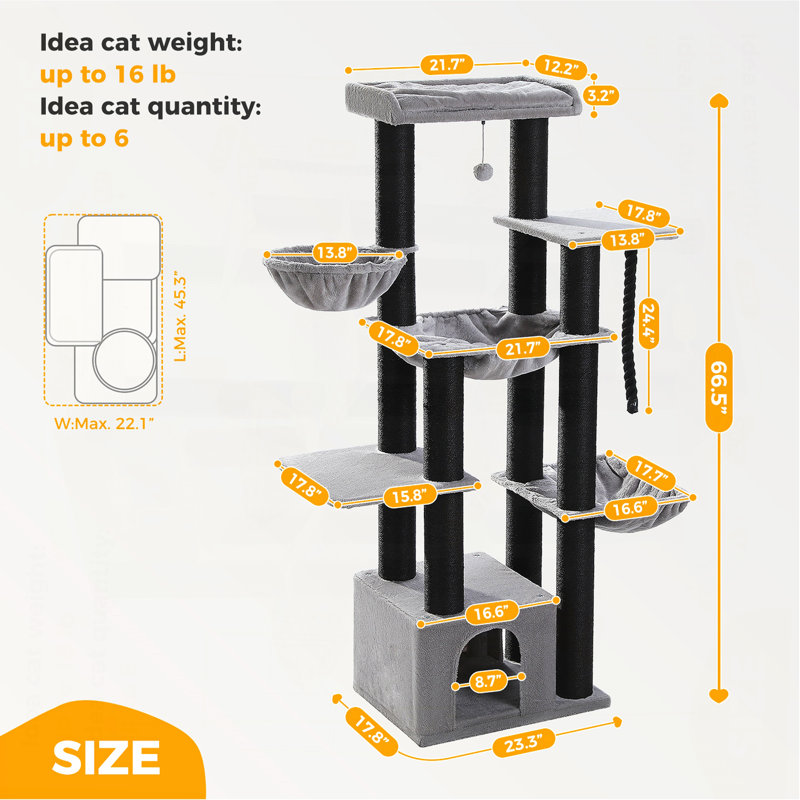 Grand arbre à chat de 66,5 pouces, avec 13 poteaux à griffer épais, condo pour chat à plusieurs niveaux, grand perchoir et hamacs pour grands chats d'intérieur