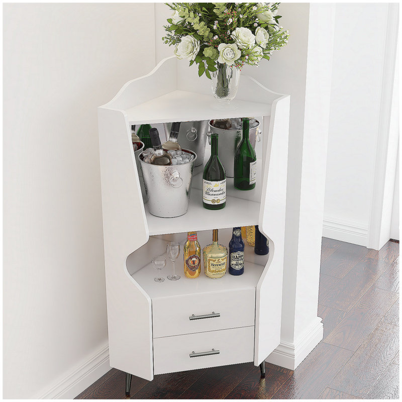 Wooden Corner Bar Cabinet with Open Shelves, Drawers, Mirrored Back, and High Legs for Easy Cleaning, White