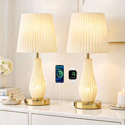 Two-Light 3D Printed Table Lamp with Illuminated Base & Fabric Shade, Dual Glow USB Rechargeable LED Night Lamp, Portable Cordless Bedside Lamp for Bedroom Decor