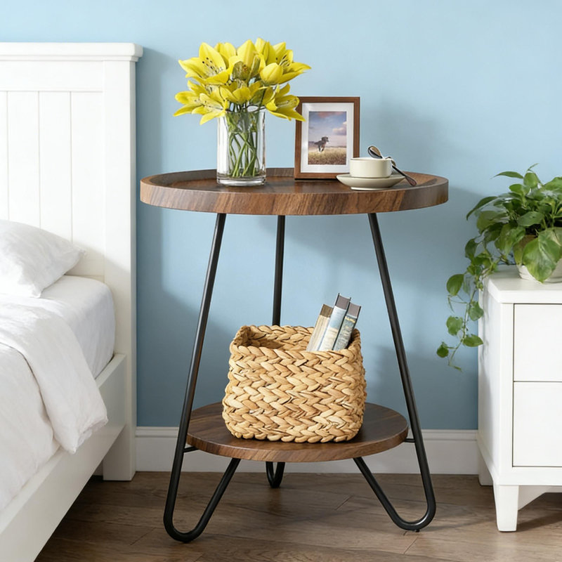 Table basse ronde à 2 niveaux - Table d'appoint industrielle avec tablette de rangement pour le salon, la chambre à coucher et le balcon - noir et brun