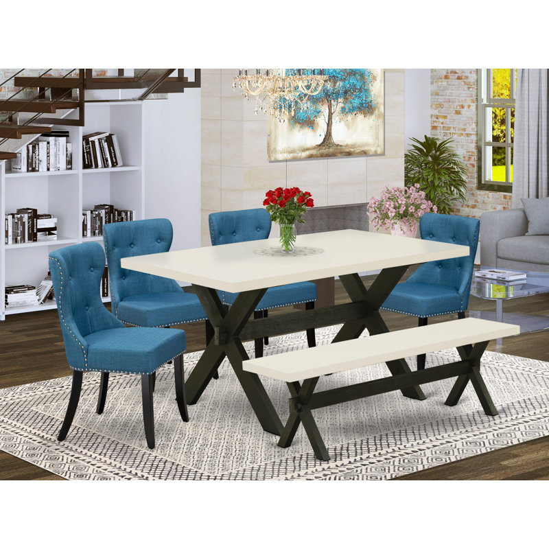 6 Piece Kitchen Table Set Contains a Rectangle Dining Table with X-Legs and 4 Blue Linen Fabric Parson Chairs with a Bench, Wire Brushed Black Finish