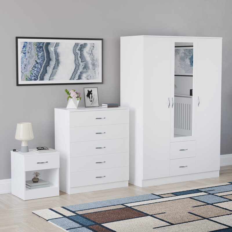 Maybery 3 Piece Bedroom Set (1 Drawer Bedside Chest, 5 Drawer Chest, 3 Door 2 Drawer Mirrored Wardrobe), (5), White