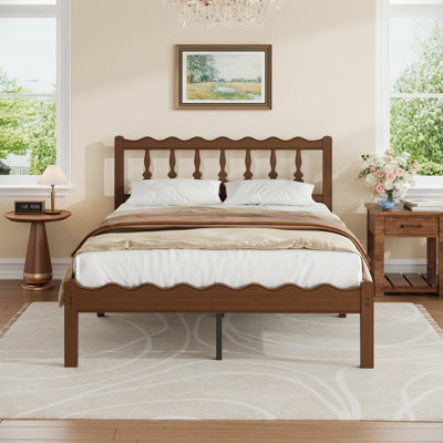 Walnut Finish Solid Wood Queen Bed Frame With Wavy Headboard, No Box Spring Needed, Bamboo & Metal