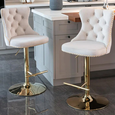 Tabourets de bar pivotants en velours doré à hauteur réglable de 25 à 33 pouces, tabourets de bar rembourrés modernes avec dossier capitonné confortable pour un pub et un îlot de cuisine, beige, ensemble de 2