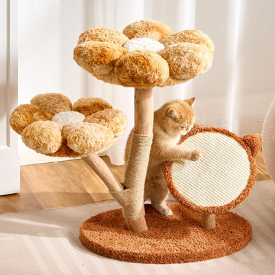 Modern Natural Solid Wood Cat Tree Tower for Indoor Cats Large Adult, 30 inch Flower Cat Tree with Scratching Post, Luxury Aesthetic Cat Tree with Cloud-Soft Flower Perches and Sisal Scratching Pad