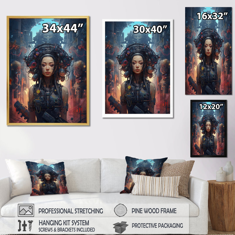 Portrait de la déesse Cyberpunk I - reproduction sur toile, 40" H x 30" W, Cadre naturel flottant
