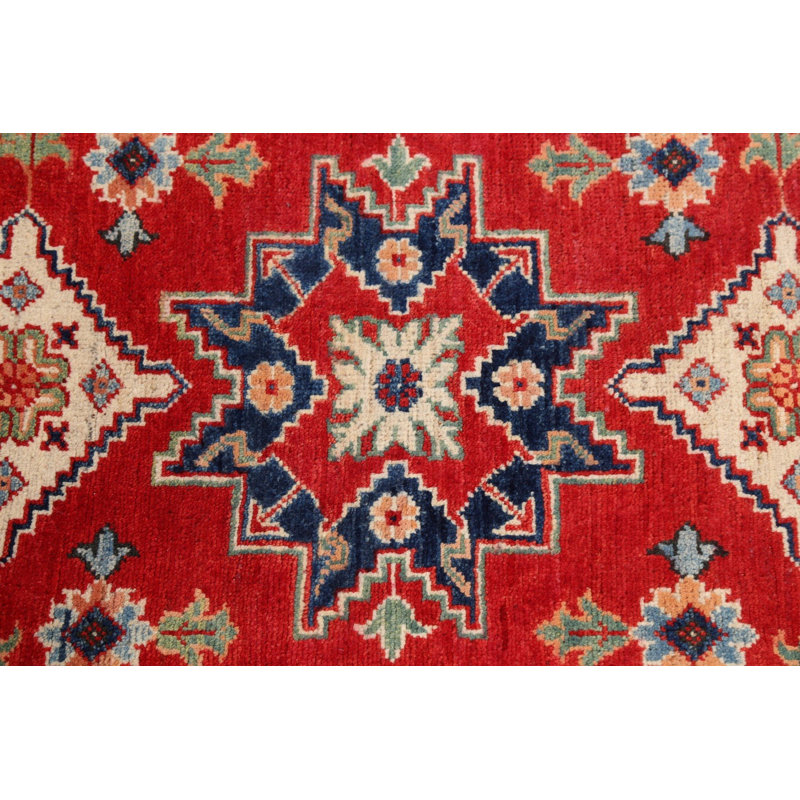 Tapis rouge / bleu / beige en laine noué à la main de conception unique 2 pi 8 po x 4 pi New Age