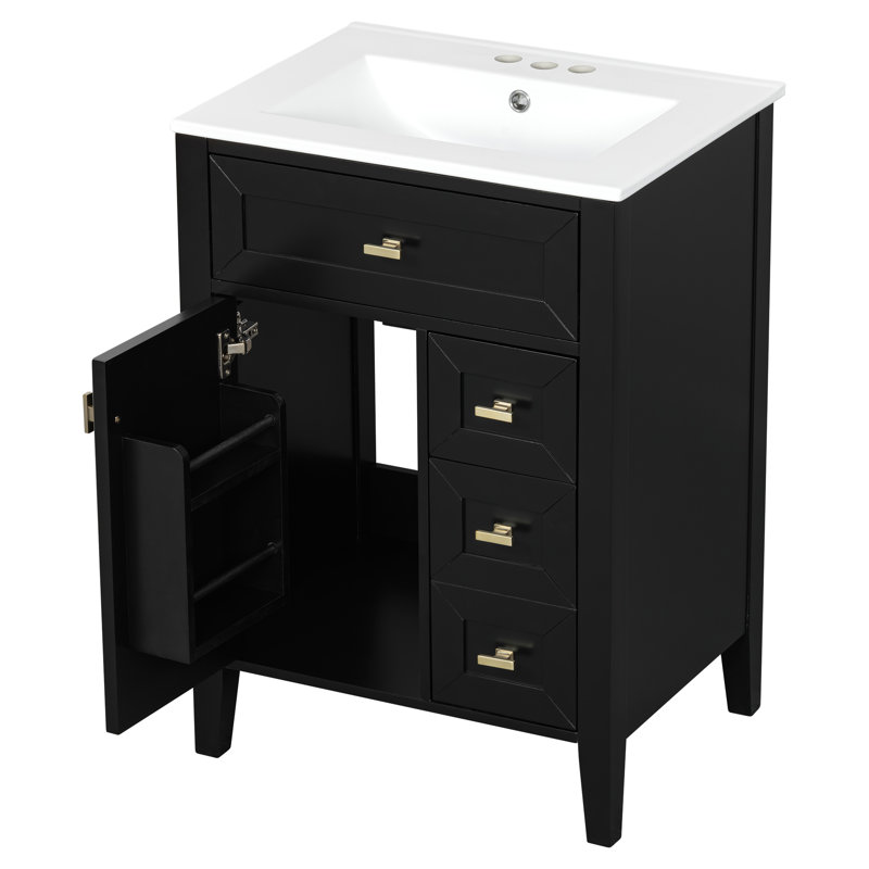 Meuble-lavabo simple noir 24 po avec lavabo et rangement en céramique, Black