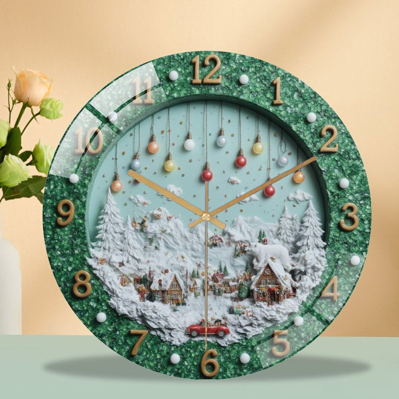 Horloge murale de Noël-Horloge-village-lumières-ours