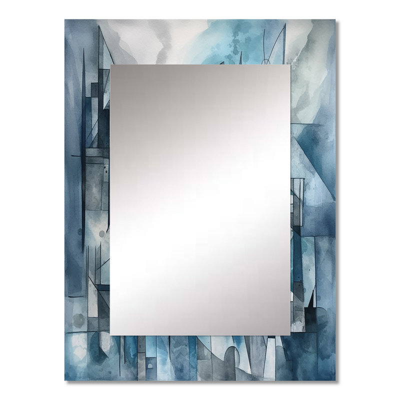 Blue Abstracted Harmonies Of Shape III - Geometric Large Wall Mirror, Blue Decorative Mirror, Printed Metal Art, 32" x 24"