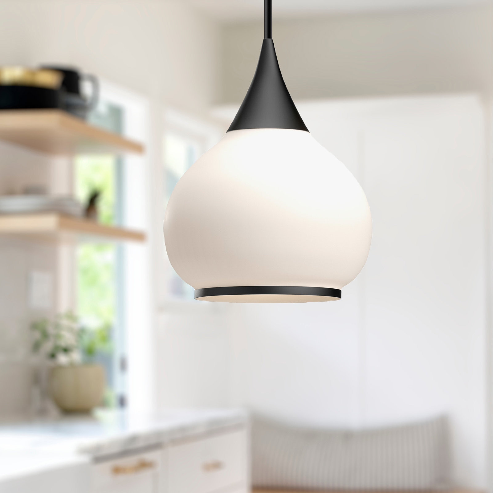 Hazel Single Light Glass Pendant, Matte Black, Opal, 68" H x 14" W x 14.13" D