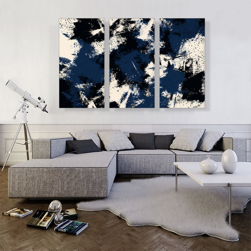 Bleu marine, noir, blanc, blanc, ensemble de 3 reproductions d'art sur toile tendue, H 40 po x l 60 po x P 0,75 po
