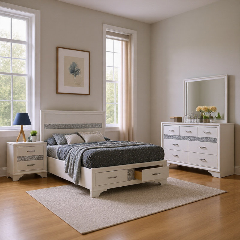 Vino 4Pc Full Bedroom Set, Storage Footboard, Black, Glitter Stripes, Full, White