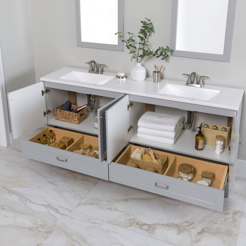 Ensemble de meuble-lavabo double 72 po avec 2 armoires, 2 tiroirs et plateau en marbre de culture Emlyn, Gris