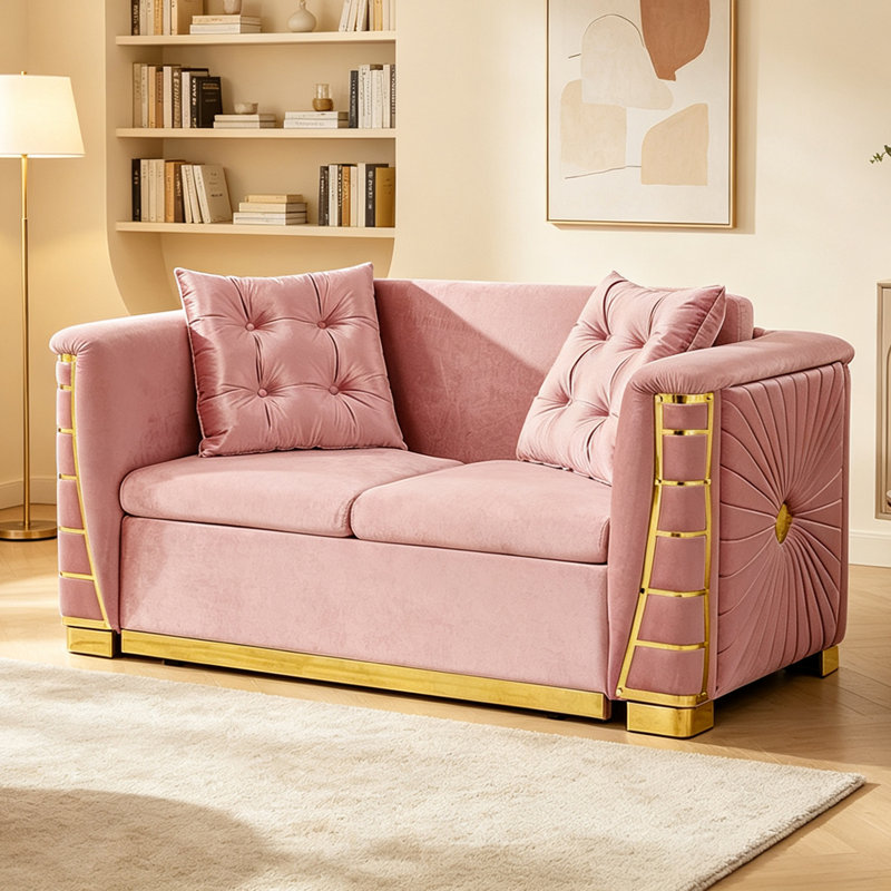 Ensemble canapé Chesterfield convertible 2 pièces en velours avec causeuse, Rose