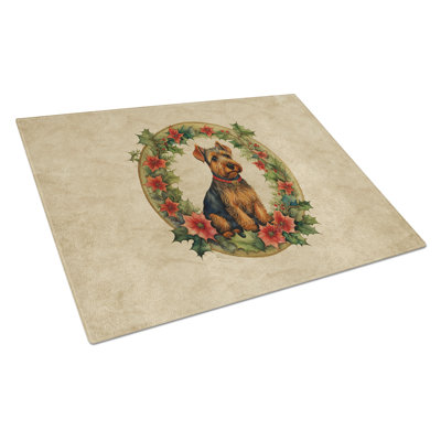 Welsh Terrier Christmas Flowers Glass Cutting Board