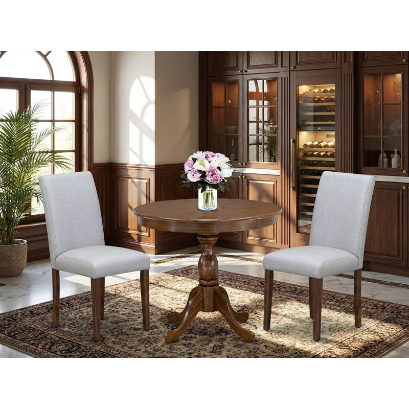 3 Piece Kitchen Table Set for Small Spaces Contains a Round Dining Room Table with Pedestal and 2 Grey Linen Fabric Parsons Chairs, Antique Walnut