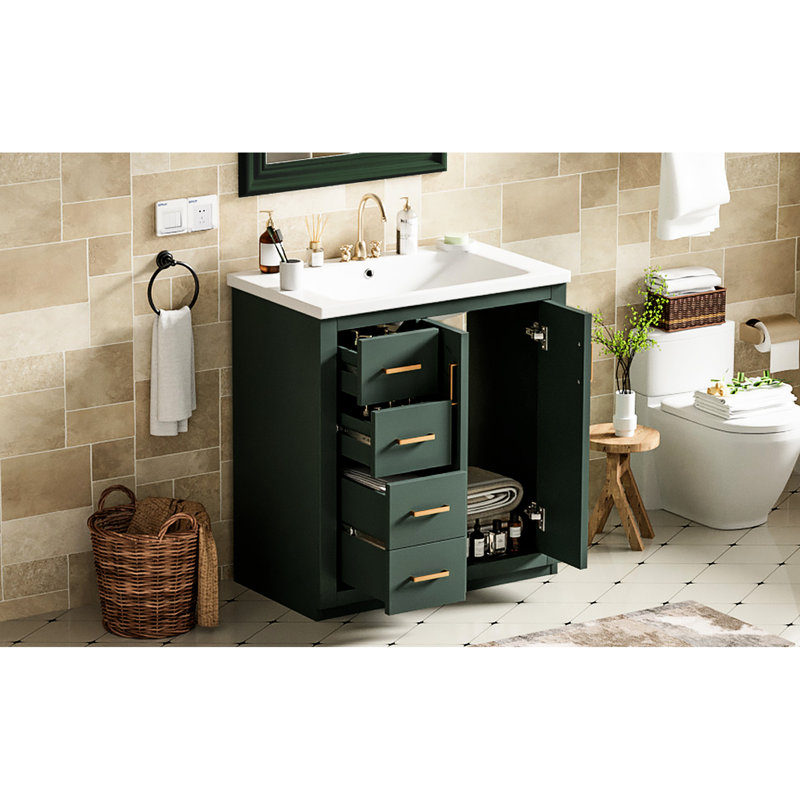 30'' Ceramic Sink Bathroom Vanity - Solid Wood & , Blue Decoration, 3 Drawers Convenient Storage 30" Cabinet With Frame Parts Concealed Space Stylish Furniture