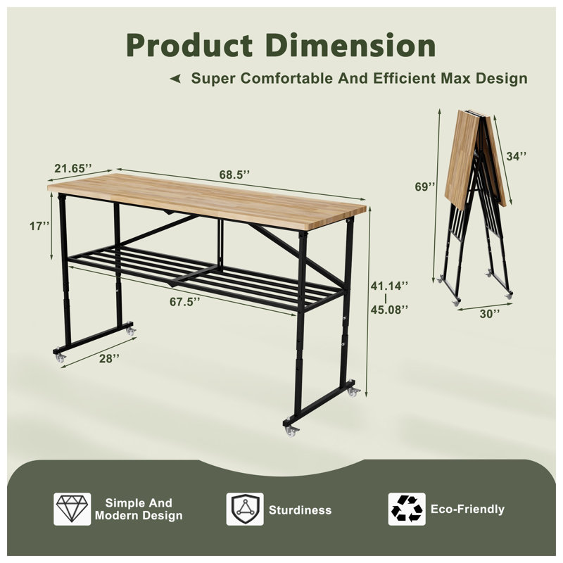 Table pliante SmartFold en bois massif, 174 cm L x 55 cm P x 114 cm H