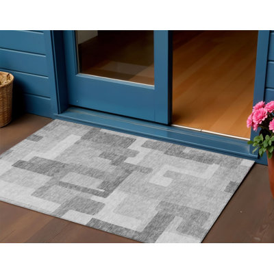 Tapis extérieur lavable abstrait argenté et gris anthracite 3 pi x 5 pi